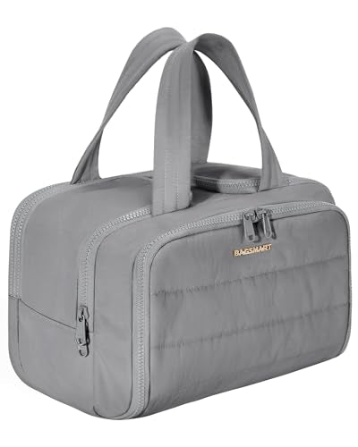 BAGSMART Travel Toiletry Bag, Lightweight Large Wide-open Travel Bag for Women, Puffy Cosmetic Makeup Bag Organizer with Handle for Accessories,Essentials, Toiletries, Grey - color: e-Grey