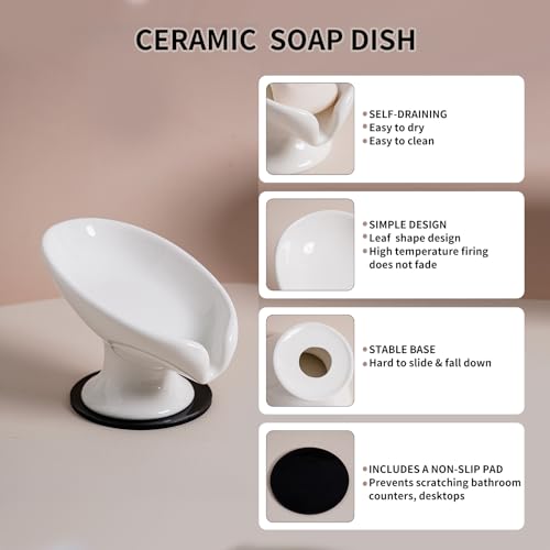 Agyiuns Soap Dish, Soap Holder Self Draining Leaf Shape Soap Dishes，White Ceramic Draining Soap Tray for Shower, Bathroom Sink, Kitchen (Small Size-White, 1) - color: Small Size-white