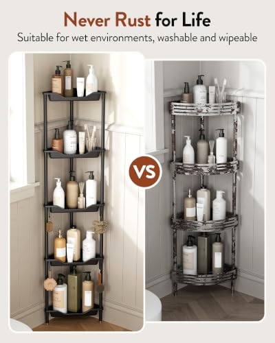 Orimade Rustproof 5 Tier Floor Standing Corner Shower Caddy Organizer, Plastic Aluminum Splicing Floor Corner Shelf Rack Stands for Bathroom, Black - color: Black, size: 5 Tier