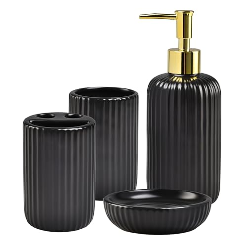Black Bathroom Accessories Set, 4PC Ceramic Bathroom Sets Complete-Toothbrush Holders, Soap Dispenser, Soap Dish, Toothbrush Cup, Stylish Black Gold Bathroom Decor, Bathroom Organizer for Countertop - size: GBlack-4pcs