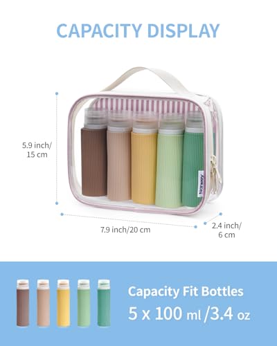 Narwey TSA Approved Clear Toiletry Bag for Travel, Waterproof PVC Clear Makeup Bags, Portable Compact Cosmetic Bag Make Up Organizer, Airport Airline Quart Size Compliant Bag (Dusty Pink Stripe) - color: Y-Dusty Pink Stripe