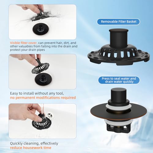 Universal Bathtub Drain Stopper, Metal Shower Hair Catcher, Oil Rubbed Bronze | 3 in 1 Bathroom Sink Strainer with Visible Top Filter, Tub Stopper for Standard 1.1''~2.36'' Sink Hole - color: Oil Rubbed Bronze