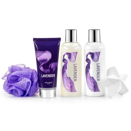 Fragrance Bath & Body Collection Gift Box, Includes Shower Gel, Body Lotion, Body Scrub, Bath Bomb & Sponge (Lavender) – Mother's Day Gift for Mom