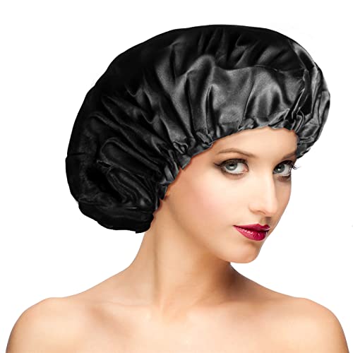Shower Caps for Women, Extra Large Adjustable Waterproof Reusable Shower Cap, Hair Cap for Shower Hat for Women Girls Long Thick Hair, Bath Caps for Hair Protection - color: Black, size: X-Large