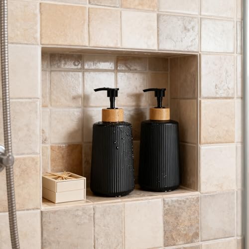 Glass Soap Dispenser, Thickened Glass Hand Soap Dispenser for Bathroom, Kitchen Dish Washing Liquid Bottles, Shampoo and Conditioner Bottles, Modern Farmhouse Style (Black, Set of 2, 12oz)
