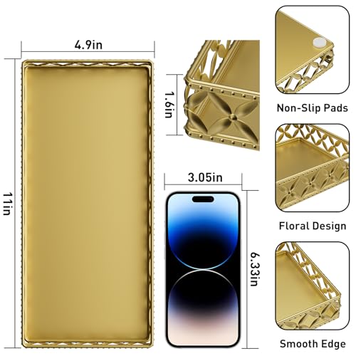 Bathroom Vanity Tray for Countertop - 11" x 4.9" Gold Decorative Tray | Small Metal Rectangle Tray, Non-Slip Bathroom Counter Tray, Bathroom Organizer for Perfume Makeup Cosmetic Jewelry Soap - color: Rectangle Floral-gold