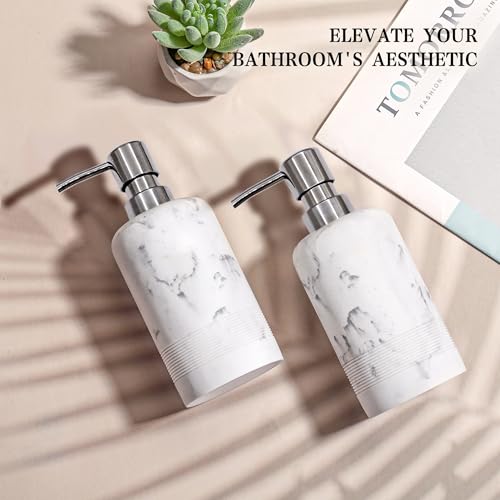 YMXYJM Resin Soap Dispenser Sets, 2 Pcs Heavy Lotion Dispensers,10.8oz Refillable Liquid Soap Dispensers with Rust-Proof Pump for Bathroom Countertop or Kitchen, Artificial Marble White - color: White