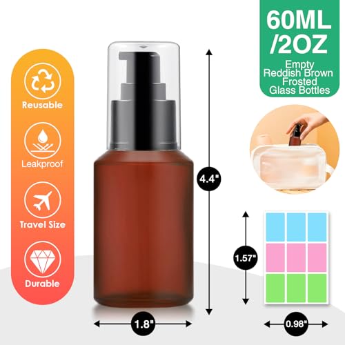 3PCS 60ML/2OZ Empty Reddish Brown Frosted Glass Bottles with Pump Refillable Vial Cosmetic Dispenser Jars Storage Travel Lotion Container Portable Sample Bottle for Toiletries,Foundation,Cream,Lotion - color: Reddish Brown, size: 2 OZ