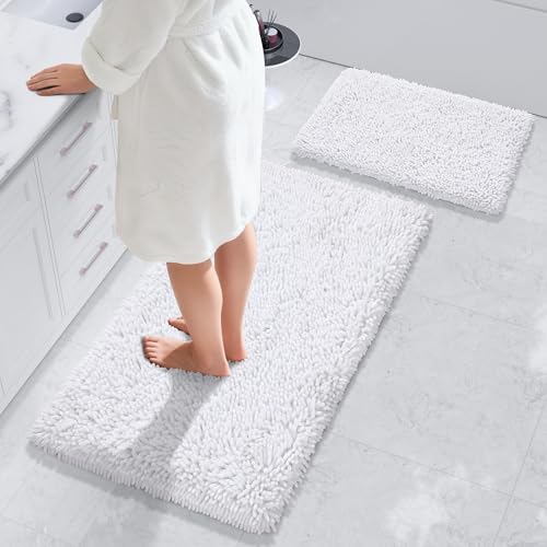 Yimobra Bathroom Rug Set 2 Piece, Luxury Shaggy Bath Mat Set with Non Slip Backing, Ultra Soft & Absorbent Mats for Bathroom Floor, Machine Washable, 44"x24"+24"x17", White - color: White, size: 24x17 + 44x24 Inch