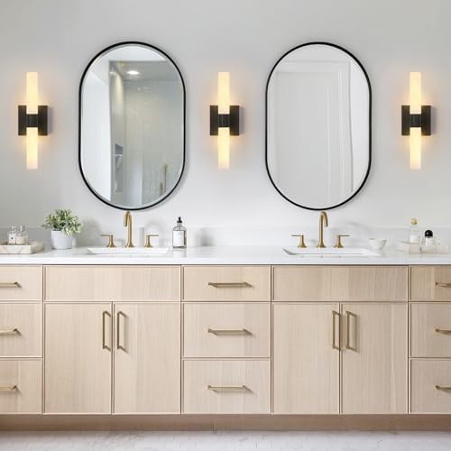 KUZZULL Wall Sconces Set of Two Matte Black Modern Bathroom Sconces Lighting Set of 2 Frosted Glass Shade Indoor Wall Lamp Wall Mounted Lights Metal Wall Light Fixtures for Living Room Stairs - color: matte black frosted