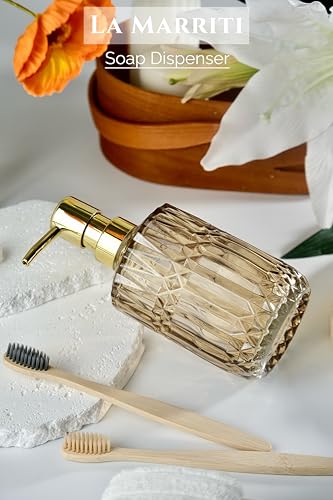 LaMarriti Brown Glass Soap Dispenser with Gold Rust Proof Pump, Refillable Thicken Glass Kitchen Soap Dispenser, Lotion Dispenser Bathroom for Dish Soap, Hands Soap, Body Wash, Bathroom Accessories - color: Brown