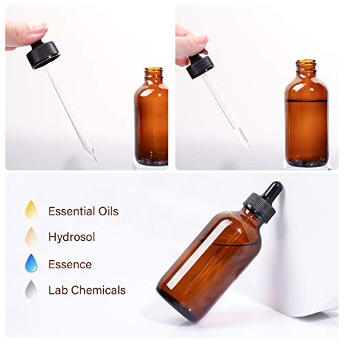 12 Pack 4oz Amber Glass Bottles with Glass Eye Droppers for Essential Oils, Perfumes & Lab Chemicals (1 Brush, 2 Funnels, 2 Extra Droppers, 24 Pieces Labels & 30ml Measuring Cup Included) - color: Amber
