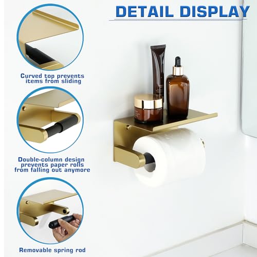 Alise Toilet Paper Holder Adhesive Toilet Paper Roll Holder SUS304 Stainless Steel Toilet Paper Holder with Shelf Spring Loaded Tissue Holder Wall Mount(Adhesive or Screw),Gold and Black Finish - color: Gold and Black, size: with Shelf