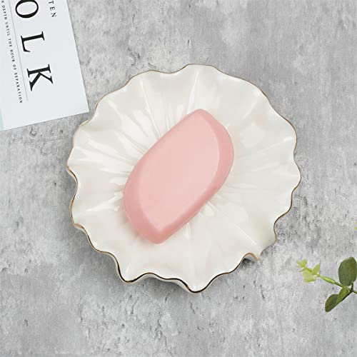 Soap Dish with Drain Ceramic White Lotus Leaf Soap Holder Soap Saver for Bar Soap, Kitchen Sink, and Bathroom Shower - color: White