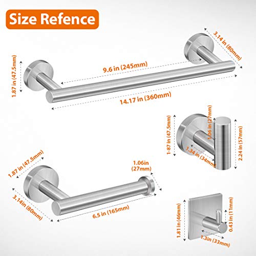 Tudoccy 5-Pieces Bathroom Hardware Set Brushed Nickel SUS304 Stainless Steel Round Wall Mounted - Includes 16" Hand Towel Bar, Toilet Paper Holder, 3 Robe Towel Hooks,Bathroom Accessories Kit - color: Brushed Nickel, size: 16 Inch 5 pcs
