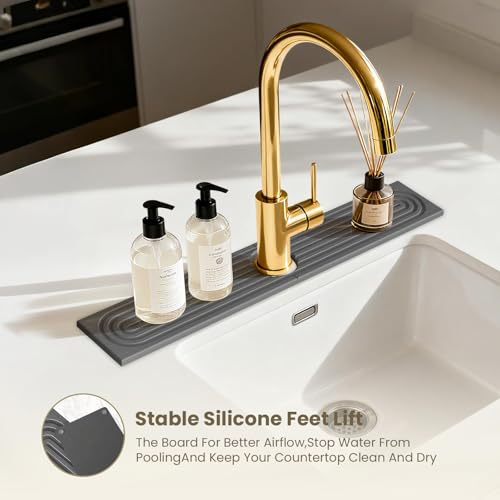 Diatomite Faucet Mat for Kitchen Sink, Quick-Dry Stone-Like Sink Mat, Flat Lay Absorbent Countertop Drying Mat for Faucet Area, Hard Diatomite Mat, Gray, 23.6 x 4 in - color: Gray