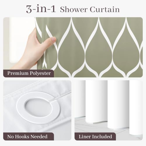Yiatn No Hook Ombre Sage Green Shower Curtain with Snap in Fabric Liner Set - Hotel Style with See Through Mesh Top Window, 71x74 INCH - color: Ombre Sage Green, size: 71"W x 74"L (Pack of 1)