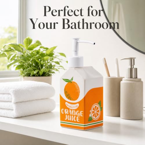 Ceramic Orange Juice Bottle Soap Dispenser, Refillable Lotion Pump Bottle for Bathroom Kitchen Dish Soap | Cute Funny Design, Refillable, Reusable, 300ml/10oz - color: Juice