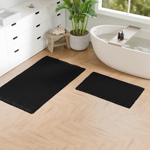 Hiasan Set of 2 Waffle Bath Mat, Super Absorbent Non Slip Bathroom Boho Rug with Tassels, Machine Washable Bath Mats for Bathroom, Ultra Soft Rubber Backed Rug, Black, 16" x 24" + 24" x 48" - color: Black, size: 16" x 24" + 24" x 48"