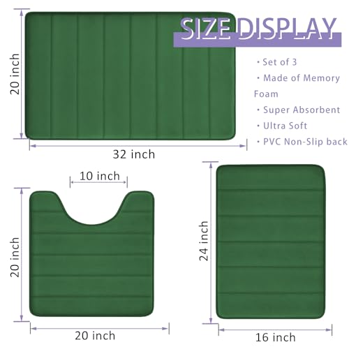 RUN HELIX Bath Mats for Bathroom Comfort Memory Foam Bath Rug Set 3 Piece Non-Slip Bathroom Mats,Absorbent Shaggy Rugs Super Soft U-Shaped Toilet Rug,Bathroo Carpets for Batoom,Tub,Shower,Dark Green - color: Blackish Green
