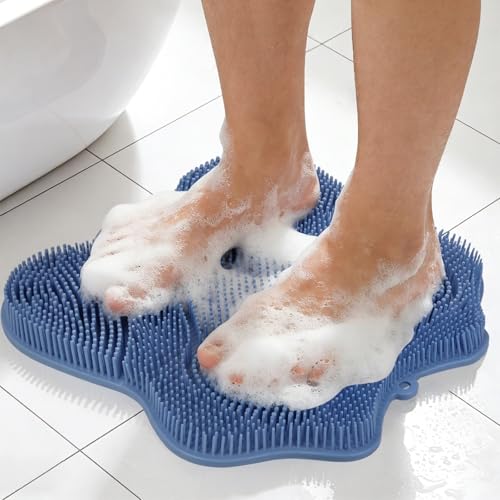 ozner Silicone Shower Foot Scrubber Mat,Back Washer Bath Wash Pad Exfoliating & Massage, Wall Mounted Slip Strong Suction Cups for Use in Cleaner Men and Women (Blue) - color: Blue