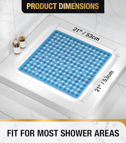 HITSLAM Shower Mat Anti Slip, Square Bath Mat for Tub Non Slip with Suction Cups and Drain Holes, 21x21 Inch Bathroom Shower Stall Floor Mat, Machine Washable, Soft on Feet, Blue - color: Blue, size: 21" x 21" (Square)