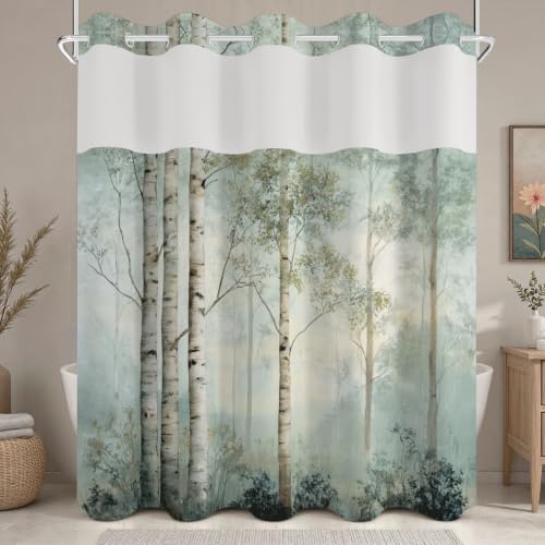 No Hook Shower Curtain and Liner Set, Watercolor Birch Tree Forest Print Shower Curtains for Modern Farmhouse Spa Bathroom, Misty Woodland Bath Curtain with Mesh Top, 71x74 Inch - color: Birch Trees