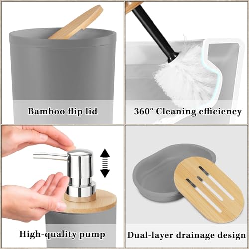 Britimes Bathroom Accessories Set, 19PC Grey Shower Curtain Set with Trash Can, Soap Dispenser, Toilet Brush Holder, Toothbrush Holder and Toothbrush Cup for Bathroom Decor - color: Grey2