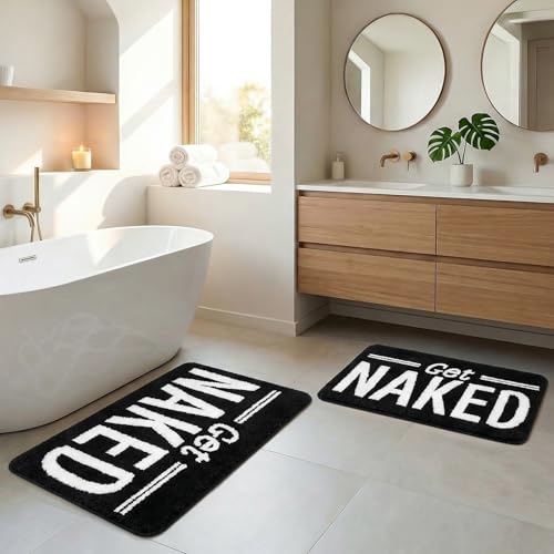 Arttown Get Naked Black Bathroom Rug Set 2 Piece Fluffy Microfiber Non-Slip Water Absorbent Bath Mat Soft Washable Floor Rug for Tub Showers Laundry Room Decor (16"x24"+20"x32") - color: Get Naked
