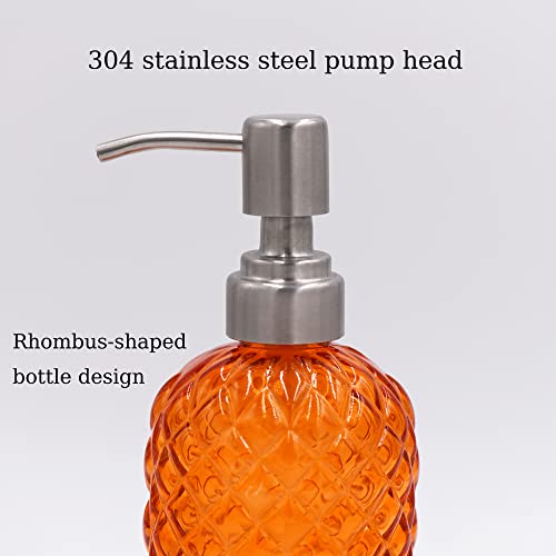 16 oz Diamond Pattern Glass Soap Dispenser, Kitchen and Bathroom Refillable Soap Dispenser with Rust Resistant Stainless Steel Pump for Hand Soap, Lotion Glass Liquid Dispenser - color: Orange