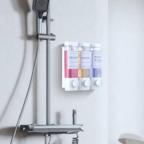 Shower Soap Dispenser Wall Mounted No Drill Shampoo Dispenser for Shower Wall Shampoo and Conditioner Dispenser Bathroom Hotel 3 * 300ml White with 3 Labels - color: White 3
