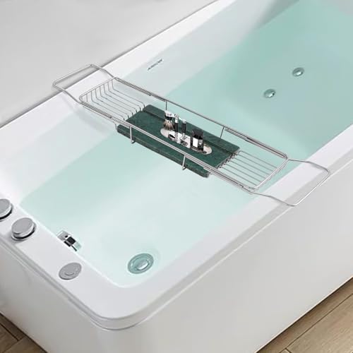 Expandable Bathtub Tray Caddy Shelf with Marble Table Mobile/Tablet Stand, Luxury Bath Tub Tray Rack, Bathroom Home Spa Shower Accessories Perfect Relaxing Spa Gifts for Women, Towel - color: Silver Rack+green Marble Board