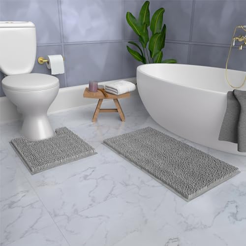 Bathroom Rugs Sets 2 Piece, Luxury Chenille Bath Mat Set, Soft Plush Anti-Slip Bath Rug + U-Shaped Toilet Mat. Microfiber Shaggy Carpet, Super Absorbent (24” x 36” & 20” x 24” U, Light Grey) - color: Light Grey, size: 2 Piece Set - Large