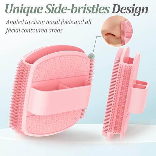 Silicone Back/Body/Face Scrubber & Lymphatic Contour Face Brush Set 4PCS, 13.4'' Soft Back Scrubber, 360° Anti-Slip Bath Glove, Unique Side-bristled Face Scrubber for All-Round Cleaning(Pink) - color: Pink*4