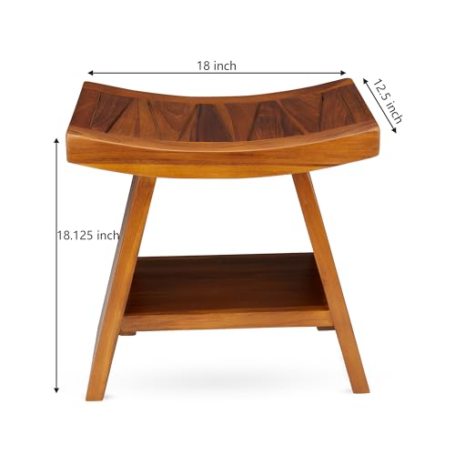 TeakCraft Teak Shower Stool with Shelf – Water Resistant, Non-Slip Premium Indonesian Teak Wood Bath Seat Bench for Shower – Fully Assembled Wood Spa Bath Organizer Seat with Leveling Feet, The Randi