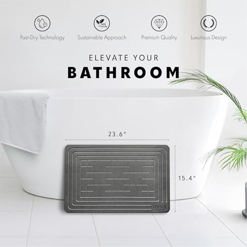 Diatomaceous Earth Stone Bath Mat - Ash Tile | Modern Fast Dry Bathroom Floor Shower Mat, Quick Drying Premium Luxury Diatomite Spa Stone Gift, Non-Slip Base, 23.6” x 15.4” - color: Ash Tile