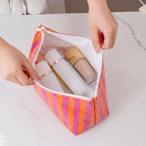 RSRSLEII Large Waterproof Travel Stripe Makeup Bag,Aesthetic PVC Toiletry Bag,Coquette Cosmetic Bag Organizer,Cute Preppy Carry-on Travel Accessories Essentials for Women Girls(03Orange Purple) - color: 03Orange Purple