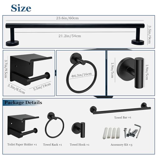 4-Pieces Wall Mount Bathroom Accessories Bathroom Hardware Set,23.6 Inch Stainless Steel Waterproof Towel Bars,Toilet Paper Holder with Shelf,Towel Ring,Coat Hook,Matte Black - color: Matte Black 4pc - Round