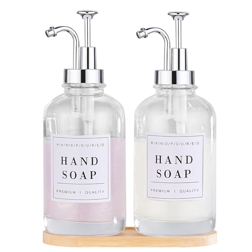 Glass Soap Dispenser with Pump,Tray,Funnel, Countertop Soap and Lotion Dispenser Set of 2 with 60 Stickers, Dish and Hand Soap Dispenser Bottle for Kitchen,Bathroom,Shower, 500ml/16.9oz - color: Blk-5010-2s