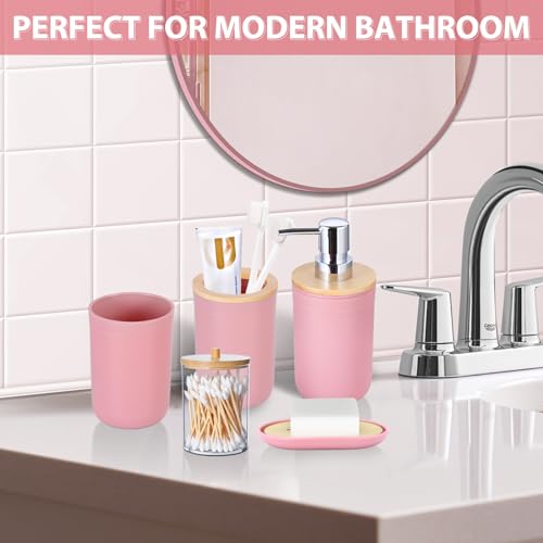 iMucci Bathroom Accessories Set 5Piece Pink Bathroom Sets, Toothbrush Holder, Toothbrush Cup, Lotion Soap Dispenser, Soap Dish and Qtip Holder Bathroom Decor - style: Pink