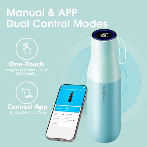 VSITOO S1 Pro 15oz Insulated Stainless Steel Self-Cleaning Water Bottle | Mini 15oz Insulated Bottle With Auto Self-Cleaning, App or Touchscreen Control, Temp Display, 30-Day Battery & 24H Cold - color: Blue, size: 15 Ounces