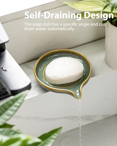 Ceramic Soap Dish, Self Draining Soap Holder Bar Soap Dish for Bathroom Kitchen Counter Soap Saver Tray Keep Soap Bar Dry Easy to Clean, Blue and Green - color: Blue and Green, size: Round