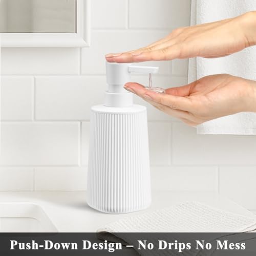 White Hand Soap Dispenser with No Rust Pump for Bathroom and Kitchen Countertops Refillable Striped Matte Plastic 8.5 oz - color: White