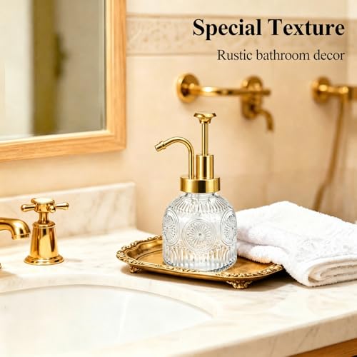 SheeChung 8 Oz Vintage Glass Soap Dispenser Bathroom, Kitchen Dish Soap Dispenser with Pump, Refillable Hand Soap Dispenser, Antique Liquid Lotion Bottle, Farmhouse Decor (Clear-Gold Pump, 1 Pack) - color: Clear-gold Pump-1 Pack