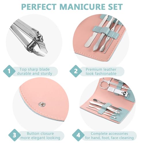 12 Set Manicure Set Bulk Mini Manicure Nail Clipper Kit 7 in 1 Stainless Steel Professional Nail Care Pedicure with Travel Portable Bag Grooming Kits for Women Men Home(Green) - color: Green