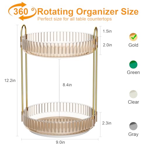 GTI 360°Rotating Makeup Organizer, 2 Tier Bathroom Counter Organizer,Large Capacity Perfume Cosmetics Skincare Vanity Organizers, Dresser Spinning Countertop Organizer and Storage for Women (Gold) - color: Gold
