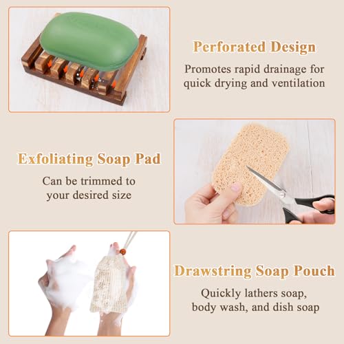 Supkiir 48 Pcs Soap Saver Set Including 16 Pcs Wooden Dish Holder, 16 Pcs Exfoliating Bag and 16 Pcs Saver Pads with Self Drain, Mix-color Soap Accessories Set for Shower Bath Toilet Kitchen and Hotel