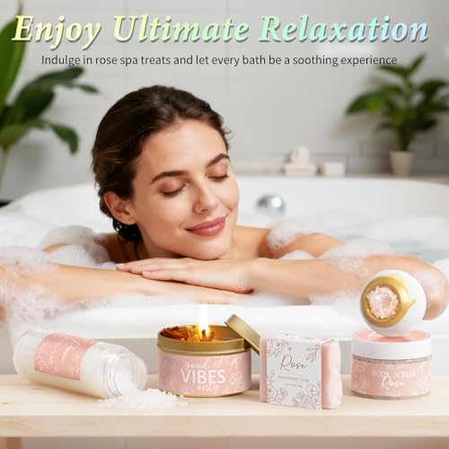 Spa Gifts for Women Bath Gift Set, Rose Relaxing Spa Gift Baskets Home Bath Set Self Care Kit Care Package Thank You Birthday Mothers Day Easter Gifts for Women Her Mom Sister Friends Teen Girls Wife - color: Pink-Rose