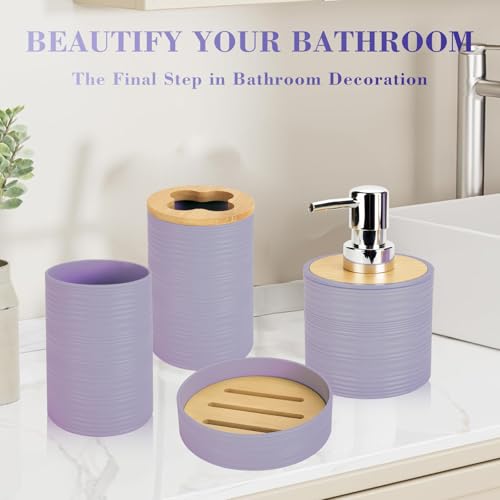 4 PCS Lavender Bathroom Accessories Set, Includes a Soap Dispenser, Toothbrush Holder, Soap Dish and Mouthwash Cup, Plastics & Bamboo Bathroom Set, Bohemian Style Bathroom Sink Set - color: Lavender Purple, size: 4 PCS