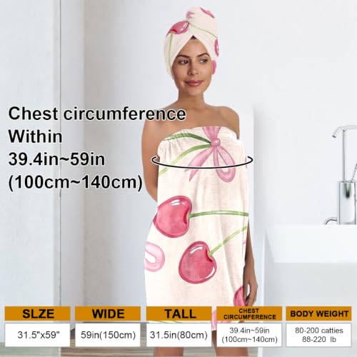 2pcs Women's Spa Wrap & Hair Towel Set - Cute Cherry Print Microfiber Bath Body Wrap Towel with Drying Cap, Absorbent Shower Skirt for Gym Dorm Sauna & Skincare (Cherry 3) - color: Cherry 3